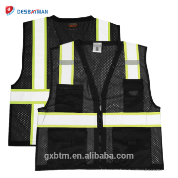 Cierre de cremallera frontal Hola Vis Workwear Chaleco de alta visibilidad Negro Mesh Safety Chaleco con Multi-Pockets